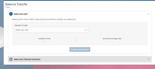 Selecting the TDECU Credit Card you want to transfer the balance to