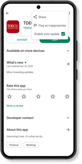 Phone with TDECU Digital Banking Application with Enable Auto Update Checked Yes.